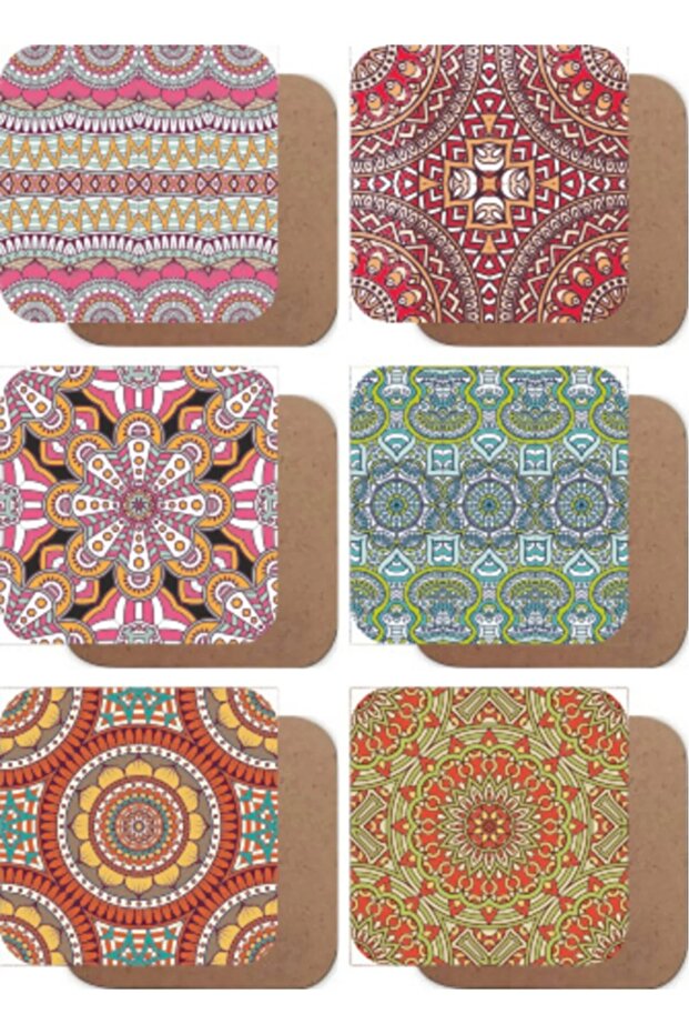 Anatolian Motif Mandala 6-Piece Wooden Coaster Set