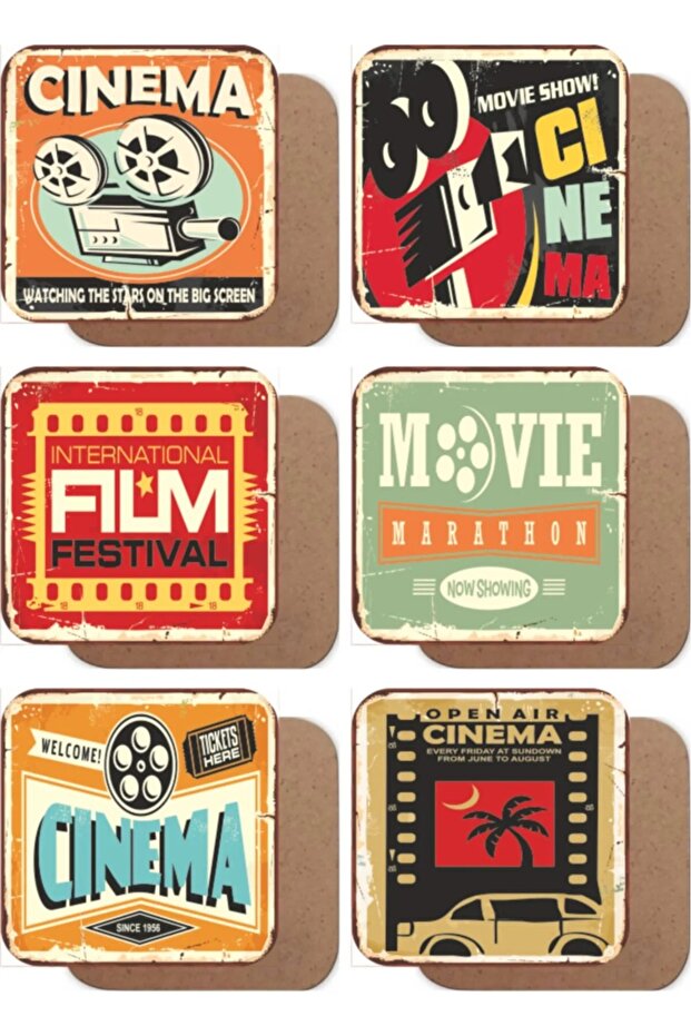 Retro Cinema Themed 6-Piece Wooden Coaster Set