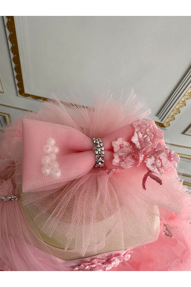Pembe fırfırlı çiçekli kız çocuk elbisesi abiye düğün elbisesi - 4