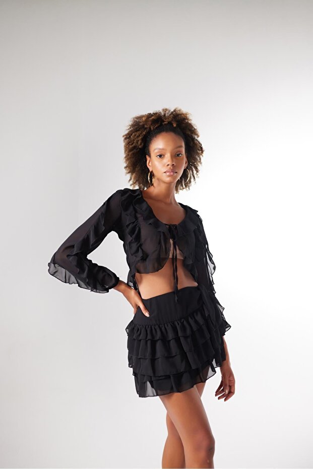 Waist Tied Flounce Mini Elsa Skirt Black