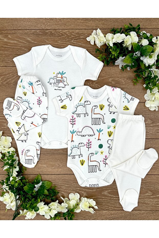 4-Piece Organic Cotton Baby Snap-Fastened Bodysuit and Footed Pajama Bottom Set, Colorful Dinosaurs