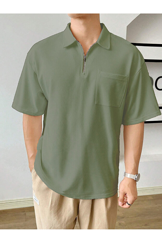 Men's Oversize Polo Neck Waffle T-Shirt POLOYAKA-ZIPPERED