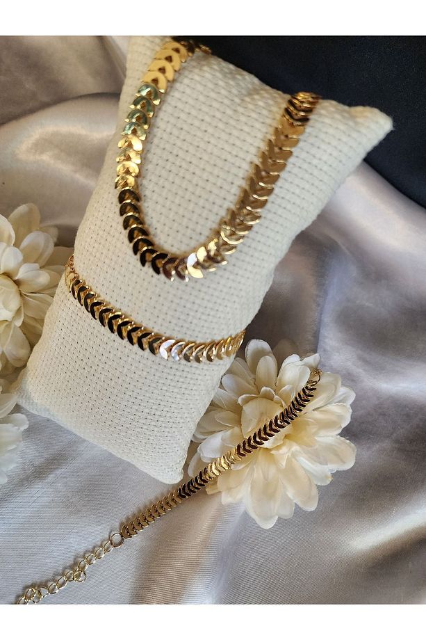 Yaprak Figürlü Choker Kolye, Bileklik, Halhal Set - 4