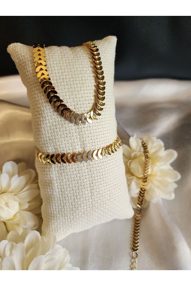 Yaprak Figürlü Choker Kolye, Bileklik, Halhal Set - 3