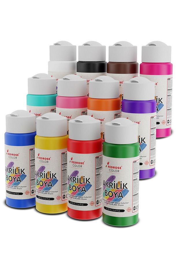 Tüm Renkler Akrilik Boya Seti, 12'li Set 12x60ml Dekoratif Hobi Amaçlı Sanatsal Canlı Renkler - 1