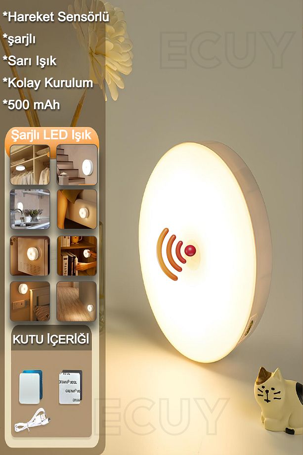 Şarjlı Hareket Sensörlü Gece Led Lambası Sarı Işık Dolap, Mutfak, Merdiven,Koridor, Bebek Odası Işık - 1