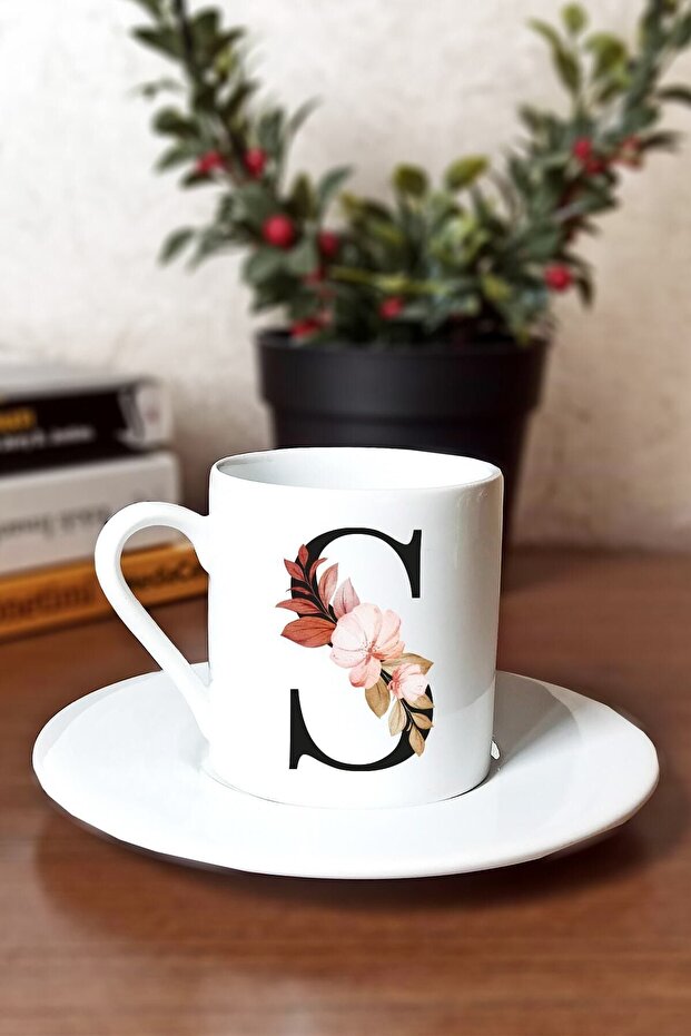 Caddemart | Floral Printed Porcelain Turkish Coffee Cup with Letter S