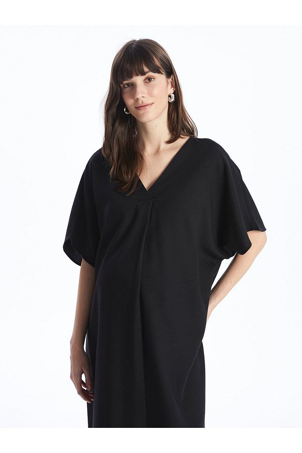 V Yaka Düz Kısa Kollu Oversize Hamile Elbise - 3