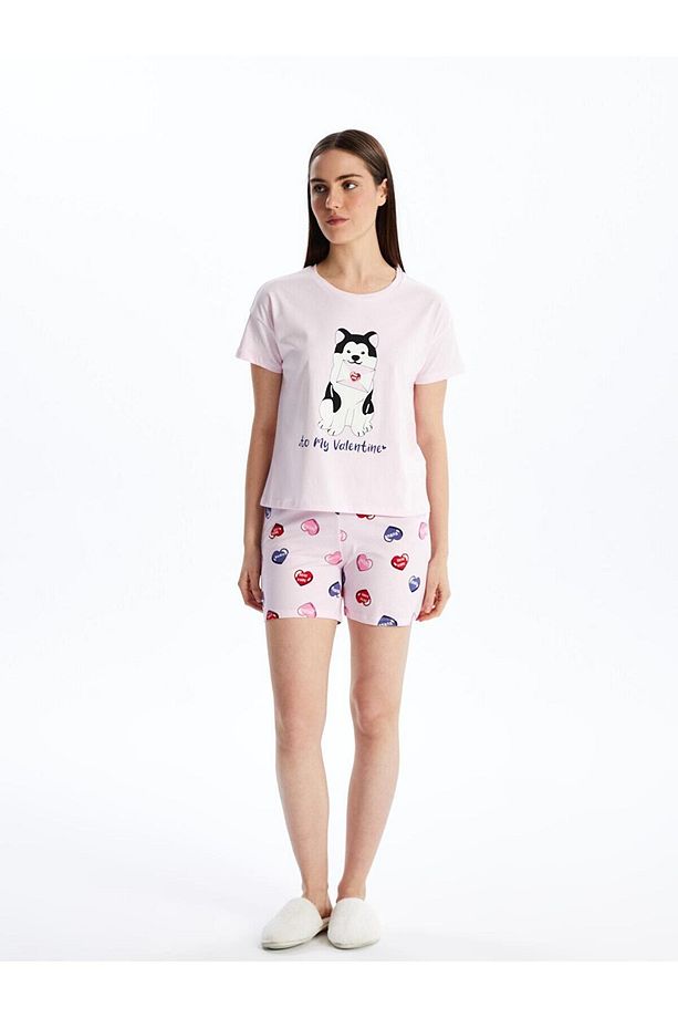 Bisiklet Yaka Baskılı Kısa Kollu Kadın Şortlu Pijama Takımı Pembe - 3