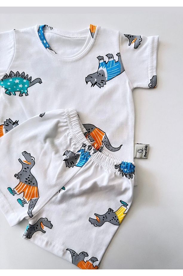Bebek Pijama Takımı Kısakol Şort Dinazor Desen %100 Pamuk Yenidoğam - 4