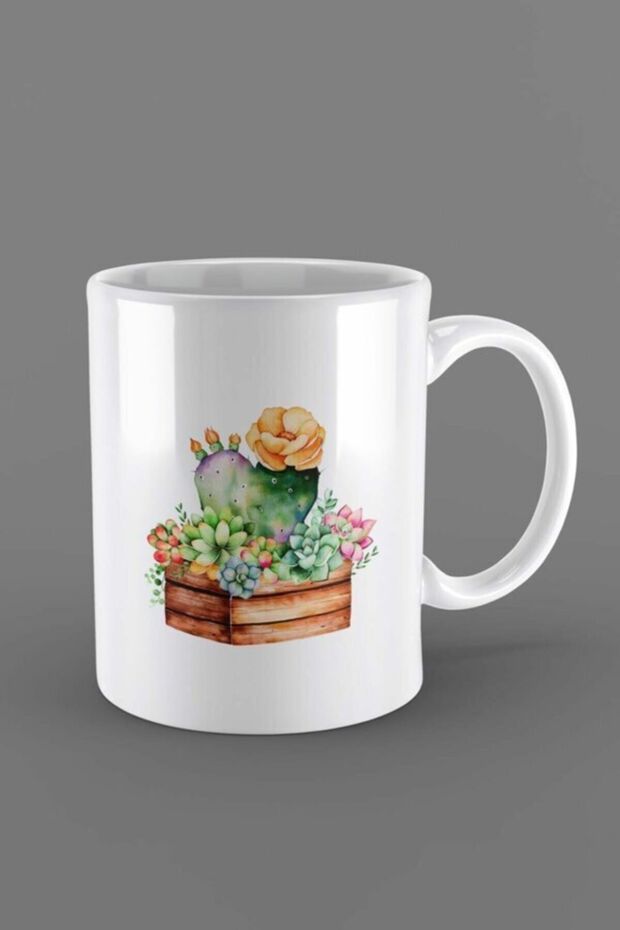 كوب كاكتوس مطبوع مطبوع أبيض اللون - 1