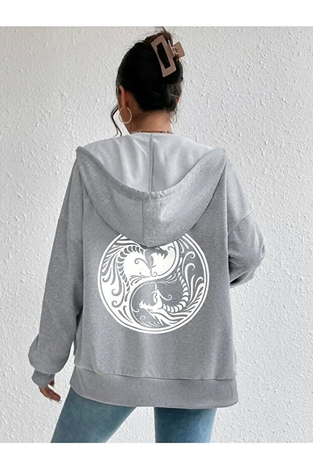 Round Double Dragon Printed Zippered Hooded Oversize Sweatshirt