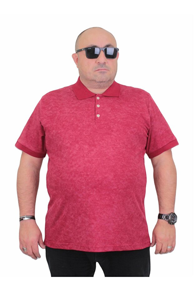 Men's Large Size Polo Collar Matte Printed T-Shirt 24451 Bordo