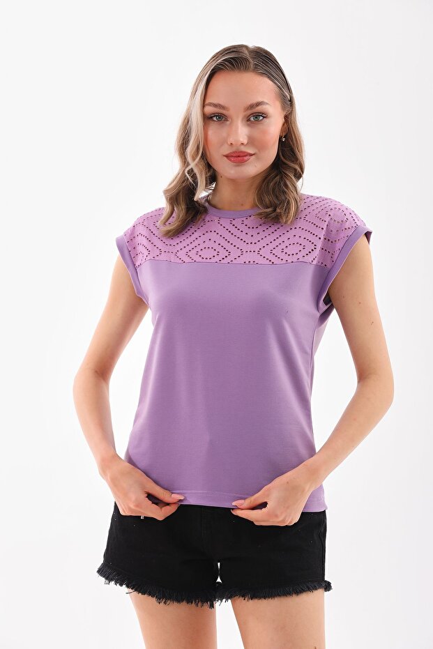 Lila Dantelli Bisiklet Yaka Bluz - 1