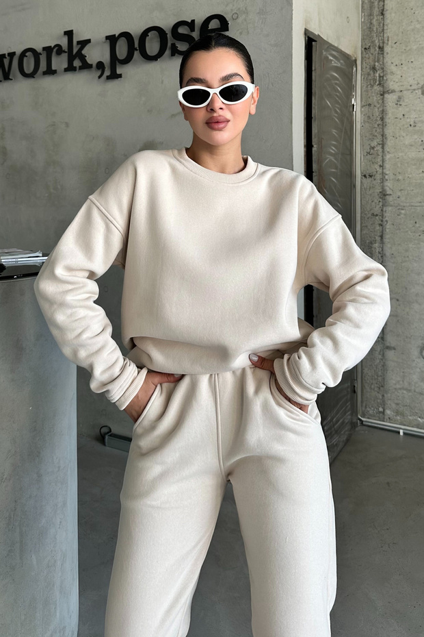 Beżowy komplet dresowy unisex oversize - okrągły dekolt - 7