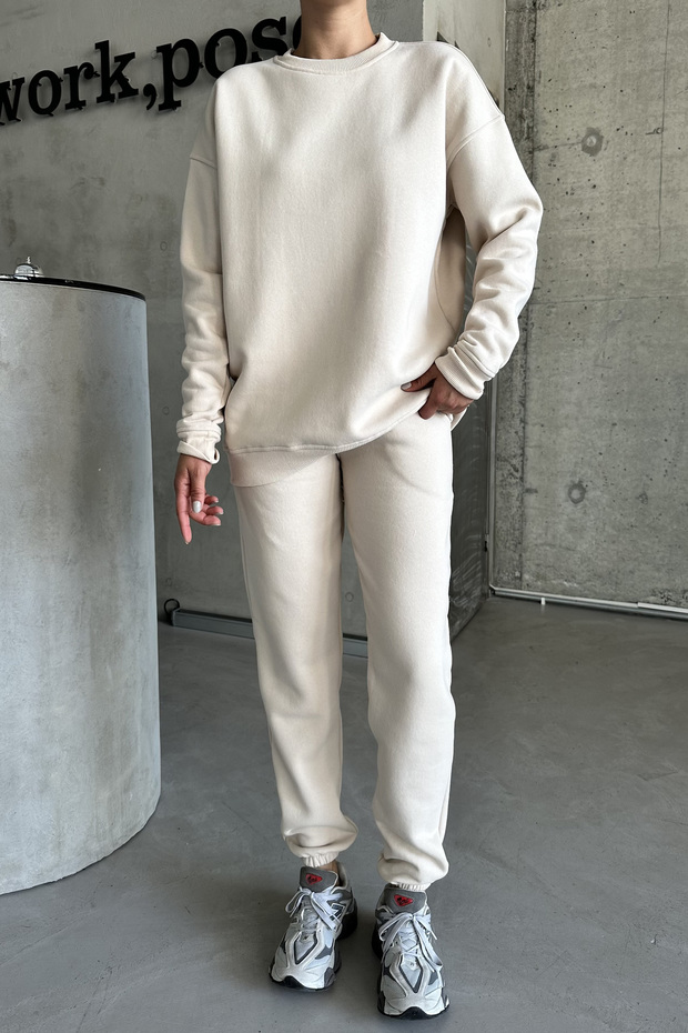 Beżowy komplet dresowy unisex oversize - okrągły dekolt - 2
