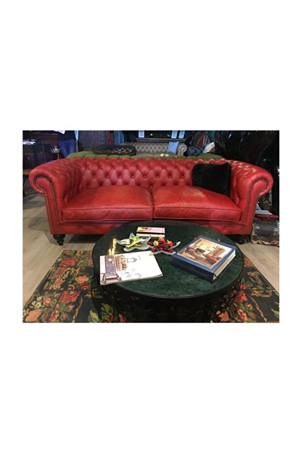 Red Hakiki Deri Chesterfield - 3
