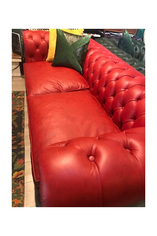 Red Hakiki Deri Chesterfield - 1