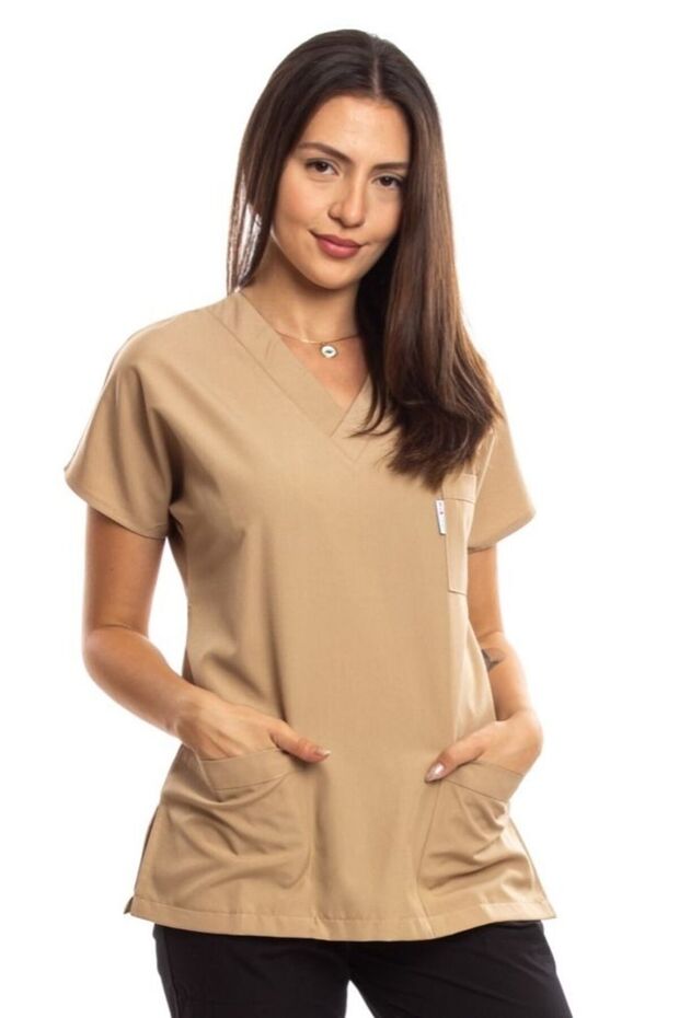Cerrahi Doktor Hemşire Scrubs Camel Rengi Forma Tek Üst - 1