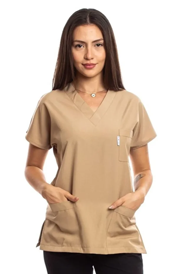 Cerrahi Doktor Hemşire Scrubs Camel Rengi Forma Tek Üst - 5