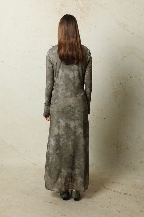Batik Desen Tül Elbise Haki - 6