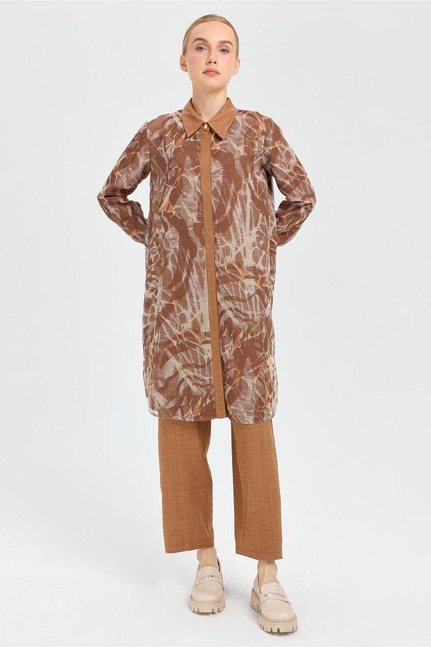 Desenli File Kumaş Tunik Pantolon Takım  Camel - 2