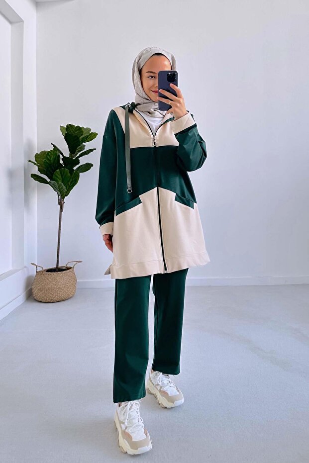 Emerald Color Block Hooded Two Thread Set - 1