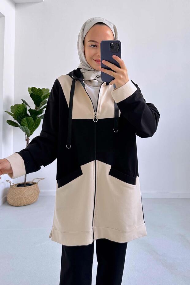 Black Hooded Hijab Set of 2 - Two Thread Block Pattern - 3