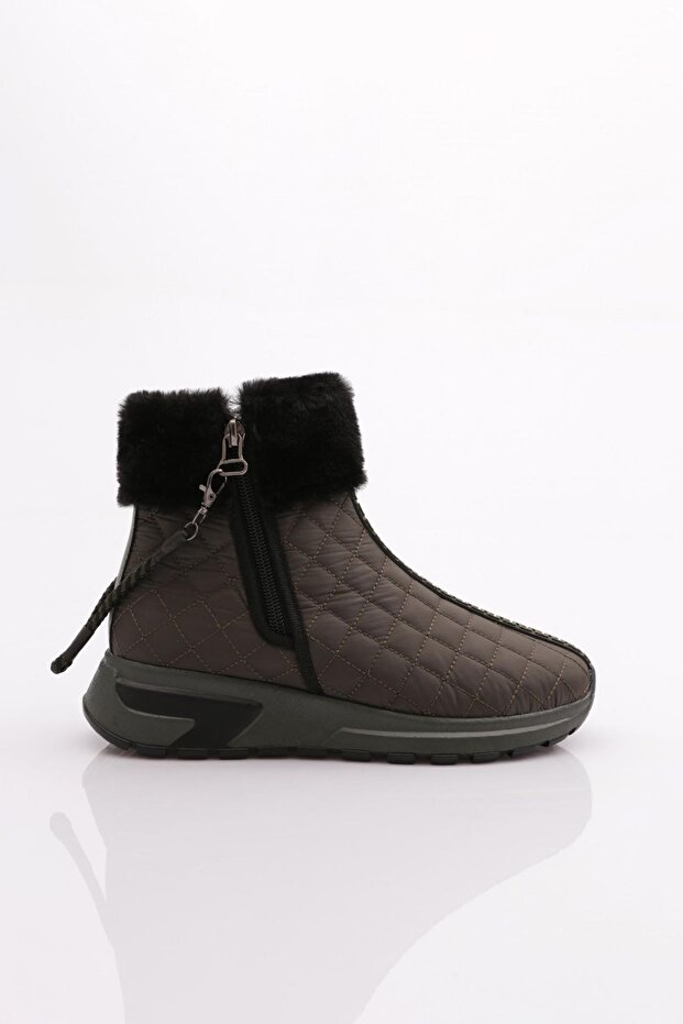 Női vastag talpú cipzáras részletes szőrme csizma Khaki 79633363 - 1