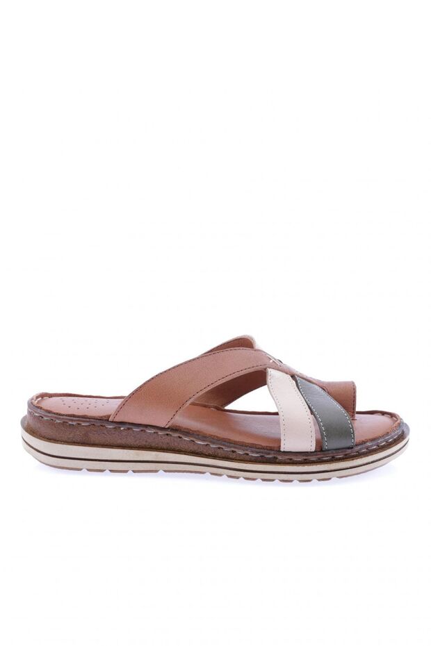 290-23Y Women's Cross Strap Flip Flops Genuine Leather Tan Garni