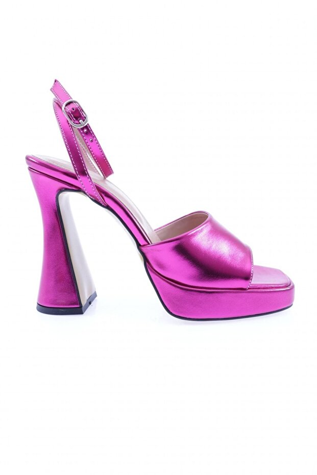 3587-23Y Women's Crystal Thick Banded Thick Heeled Sandals Pink Metallic