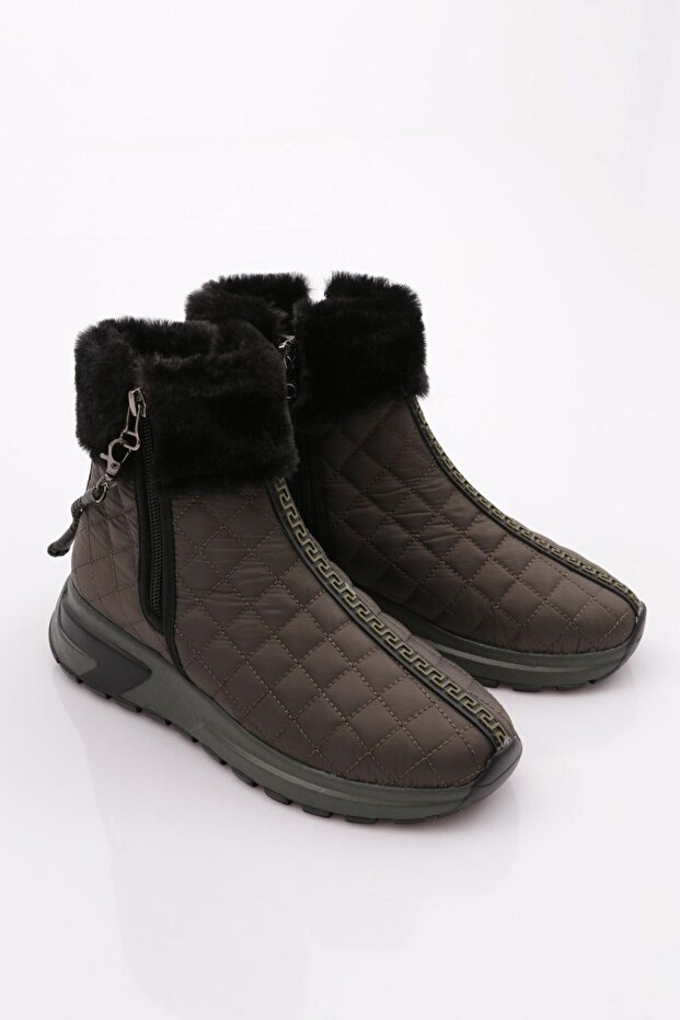 Női vastag talpú cipzáras részletes szőrme csizma Khaki 79633363 - 2