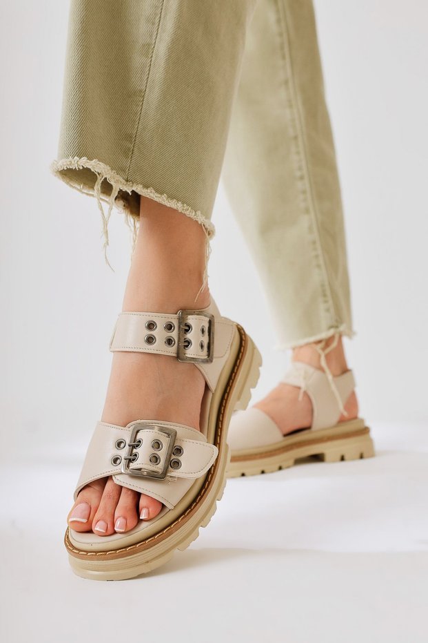 Tamera Beige Buckle Detail Thick Soled Women's Sandals Opportunity Product