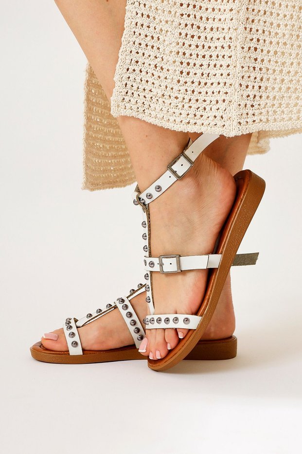 Genuine Leather Hivin White Metal Bead Detailed Women's Sandals Opportunity Product