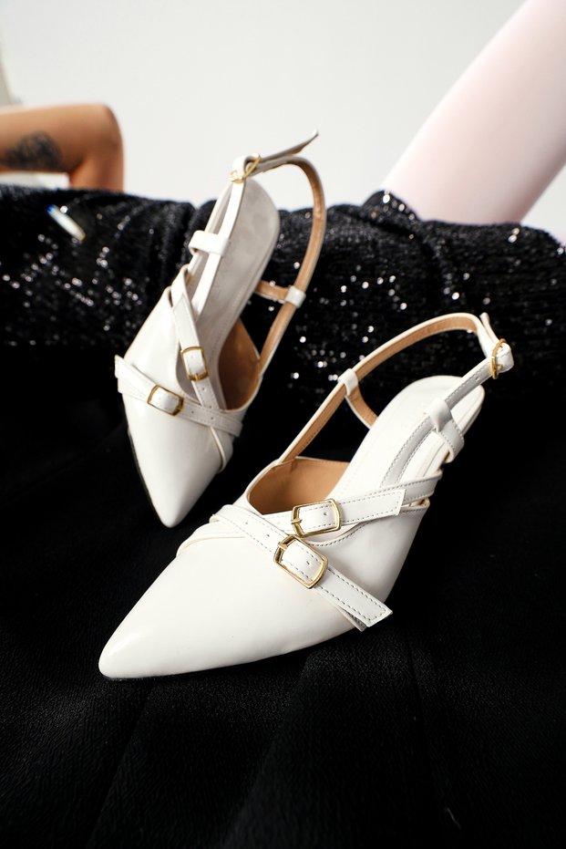 Monna White Pointed Toe Buckle Detailed Short Heeled Women's Shoes