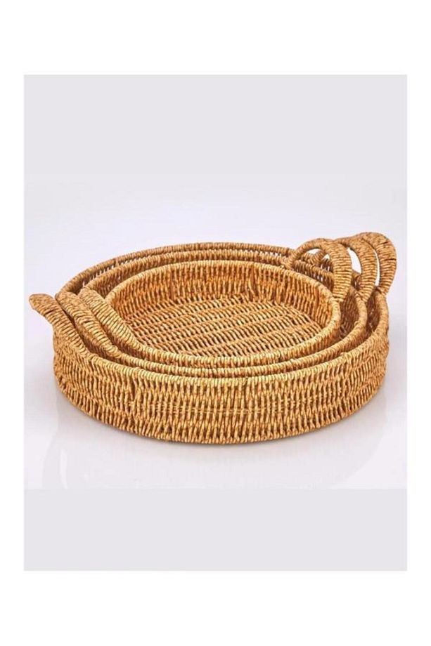 Rattan Hasır 3 lü Tepsi Yuvarlak, Rattan Sunum Tepsisi Yuvarlak - 1