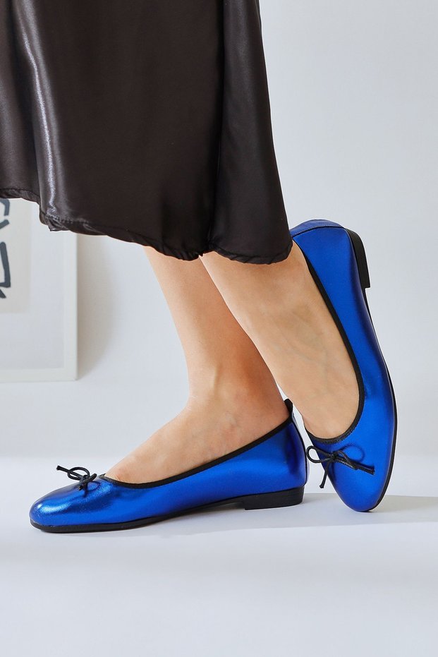 Sille Cobalt Blue Wrinkled Leather Bow Detailed Ballerinas, Women's Ballerina Shoes
