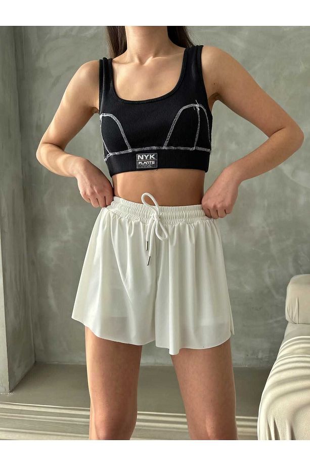 Kadın Şort - Bol Kesim Çift Kat - Taytlı Spor Şort - Pileli Basic Bağcıklı Şort - 1