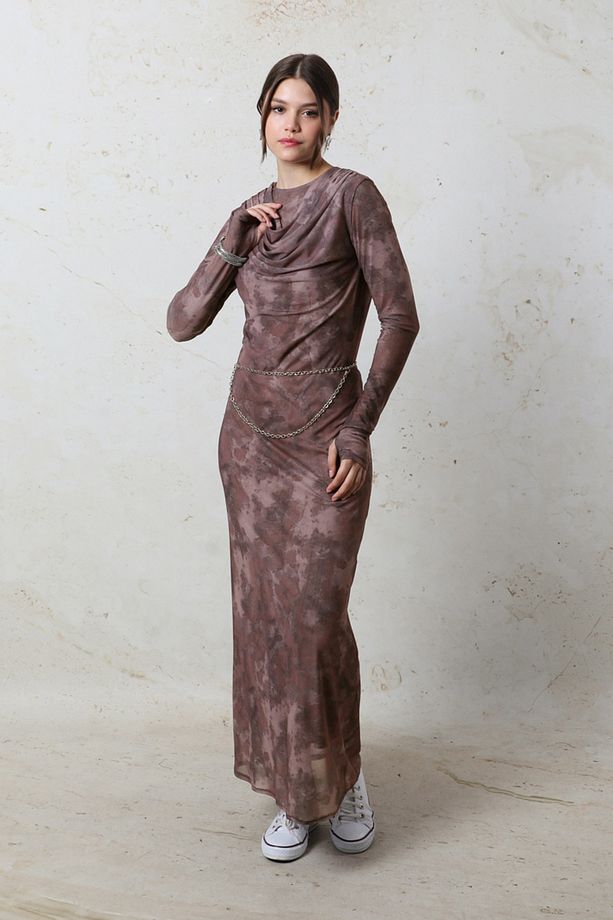 Batik Desen Tül Elbise Bordo - 1