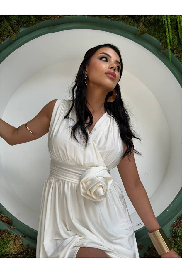 Women's White Imported Viscose Fabric V-Neck Rose Detailed Design Slit Dress