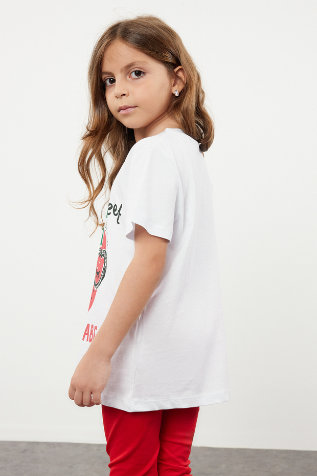 Beyaz Kız Çocuk %100 Pamuk Çilek Desenli Regular/Normal Kalıp Kısa Kol Örme T-Shirt TKDSS24TS00043 - 3