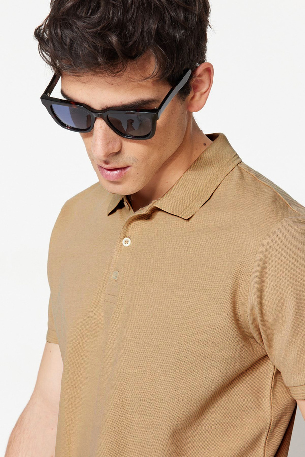 Beżowa, prążkowana, dopasowana koszulka polo z kołnierzykiem - 100% bawełny Tmnss20Po0009 - 1