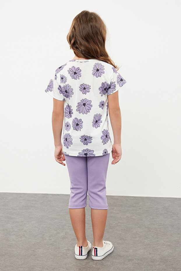 Lila Kız Çocuk Pamuklu Çiçek Baskılı Desenli T-Shirt-Tayt Örme Alt-Üst Takım TKDSS24AU00031 - 2
