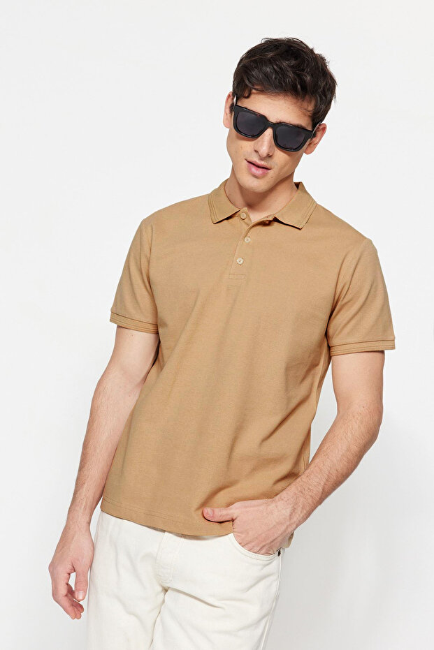 Beżowa, prążkowana, dopasowana koszulka polo z kołnierzykiem - 100% bawełny Tmnss20Po0009 - 5
