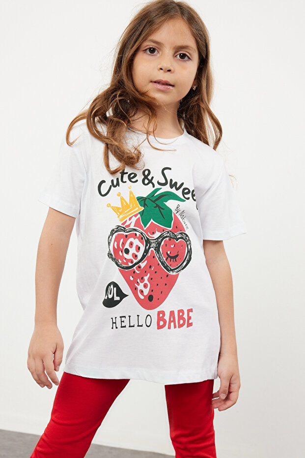 Beyaz Kız Çocuk %100 Pamuk Çilek Desenli Regular/Normal Kalıp Kısa Kol Örme T-Shirt TKDSS24TS00043 - 2