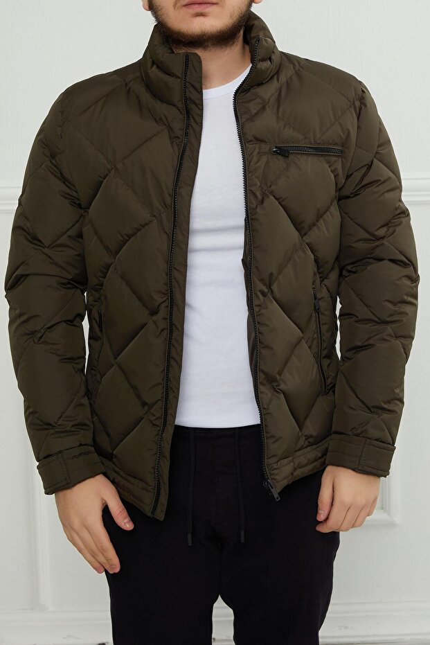 Hscstore Men's Zippered Pocket Detailed Khaki Coat - MINAS