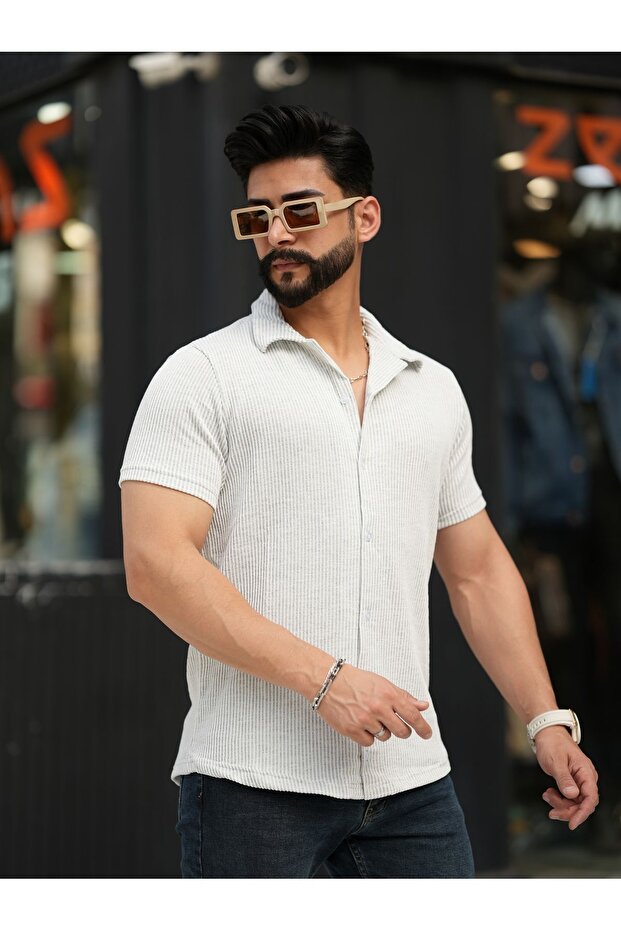Men's Gray White Striped Patterned Corded Cotton Summer Short Sleeve Apaj Collar Shirt