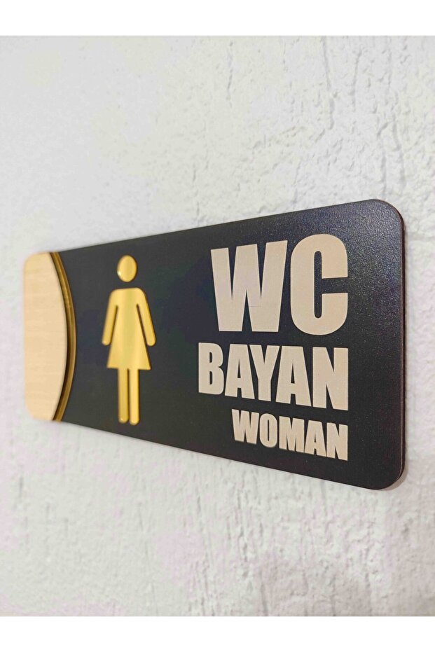 Horizontal Black Wc Gold Plexi Embossed Lady-Woman Warning Direction Sign