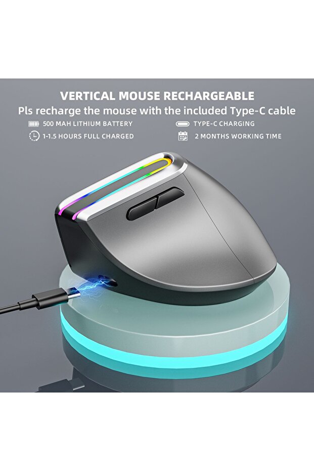 INFINY V20LD Bluetooth5.0 + 2.4Ghz. RGB LED'li Şarjlı Kablosuz Ergonomik Dikey  Vertical Mouse - 4