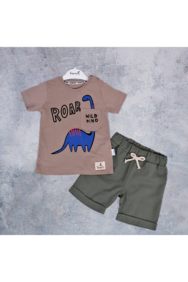 Baby Boy Shorts Set - Dino Printed, Combed Cotton and Linen